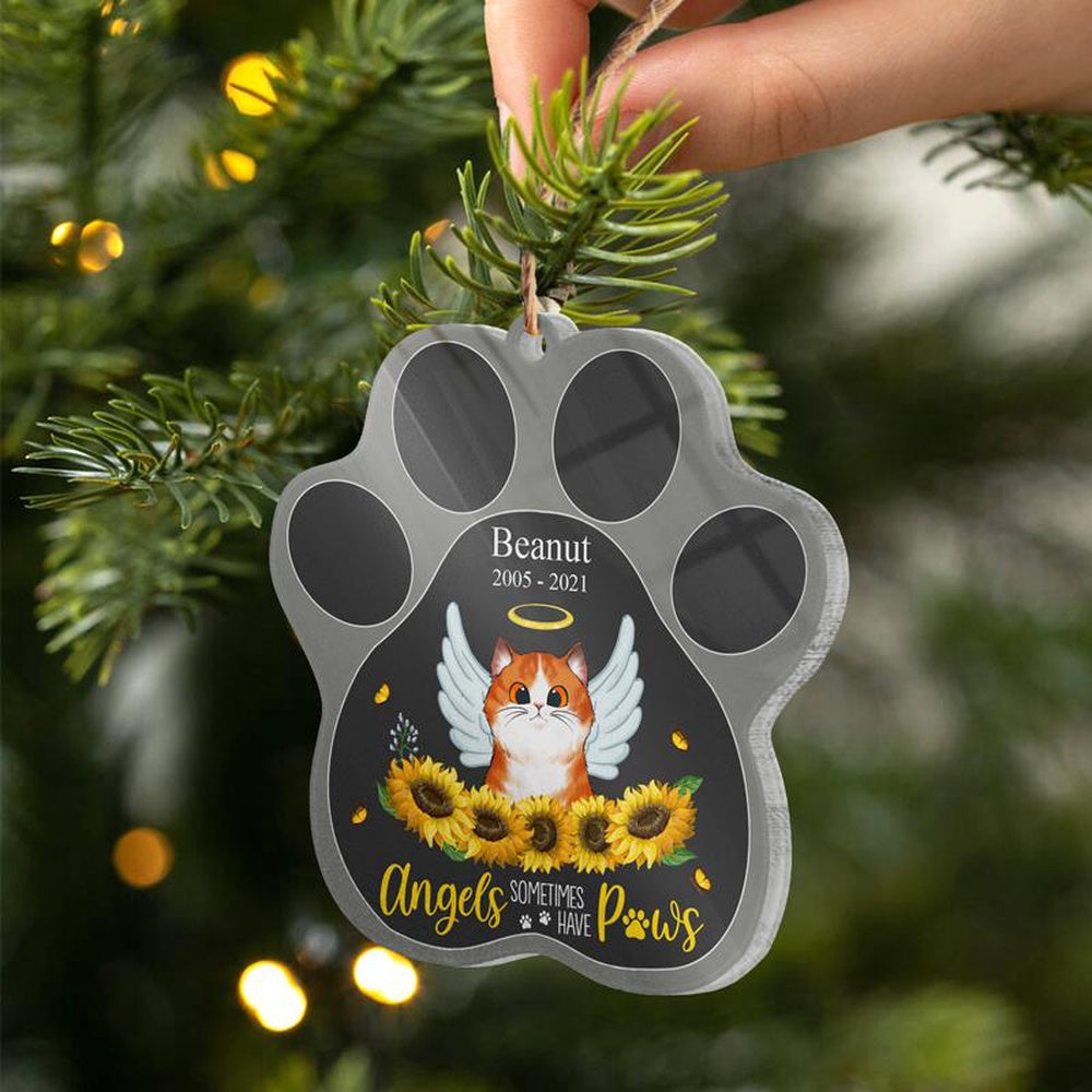 Angels Have Paws Cat Dog Memorial Gift Personalized Custom Paw Shaped Ornament Pet Lovers, Cat Ornament Car Decor