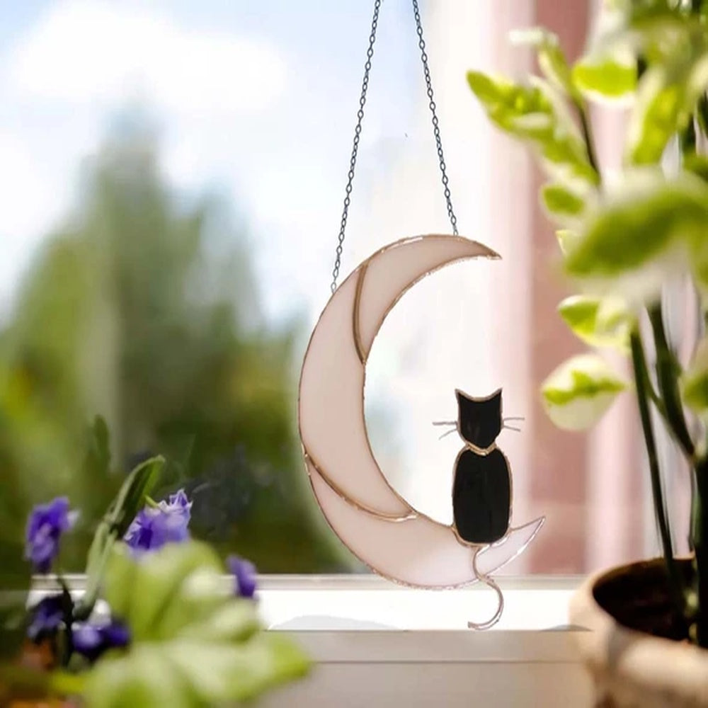 Black Cat On The Moon Window Decor Ornament, Cat Ornament Car Decor