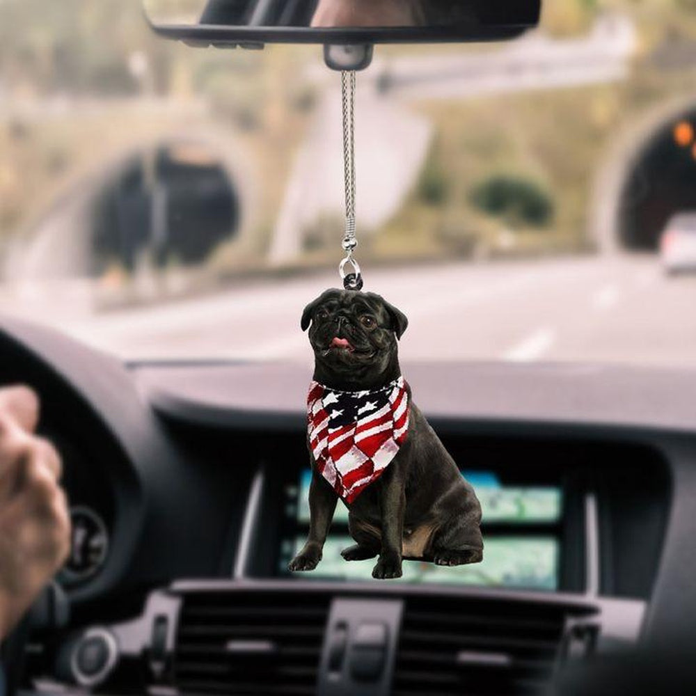 Black Pug Us Flag Car Hanging Ornament, Car Ornaments Christmas, Car Decorations