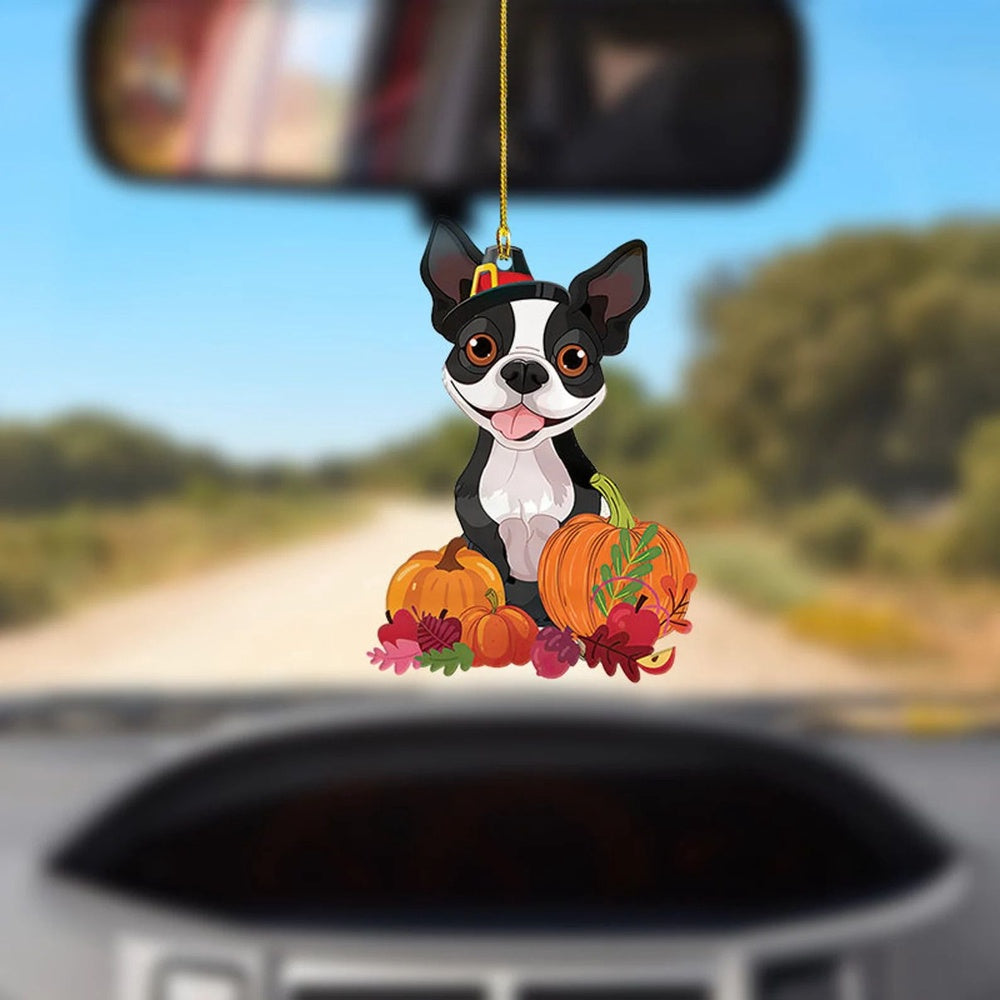 Boston Terrier Thanksgiving Ornament, Fall Pumpkin Farmhouse Autumn Decor, Car Ornaments Christmas, Car Decorations