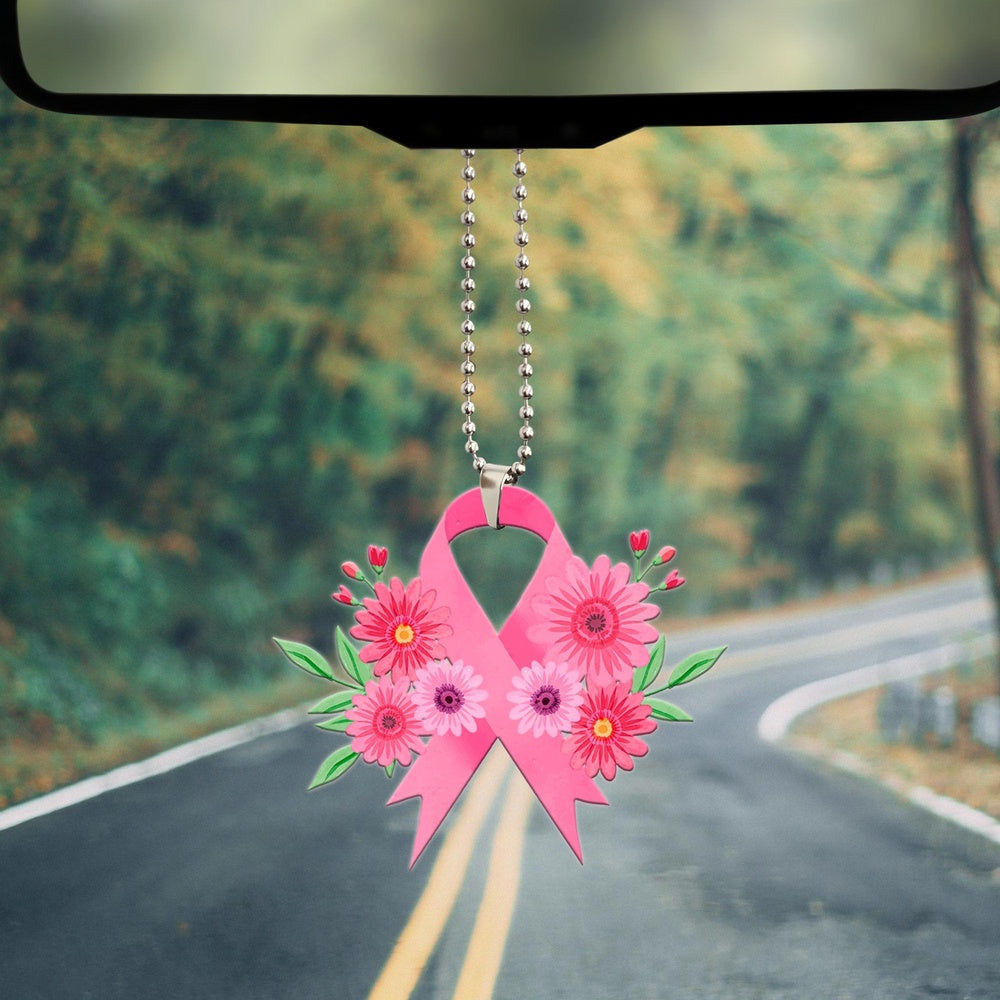 Breast Cancer Ribbon With Flower Ornament, Car Ornaments Christmas, Car Decorations