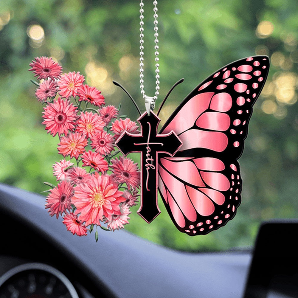 Gerbera Daisy Butterfly Faith Cross Ornament, Car Ornaments Christmas, Car Decorations