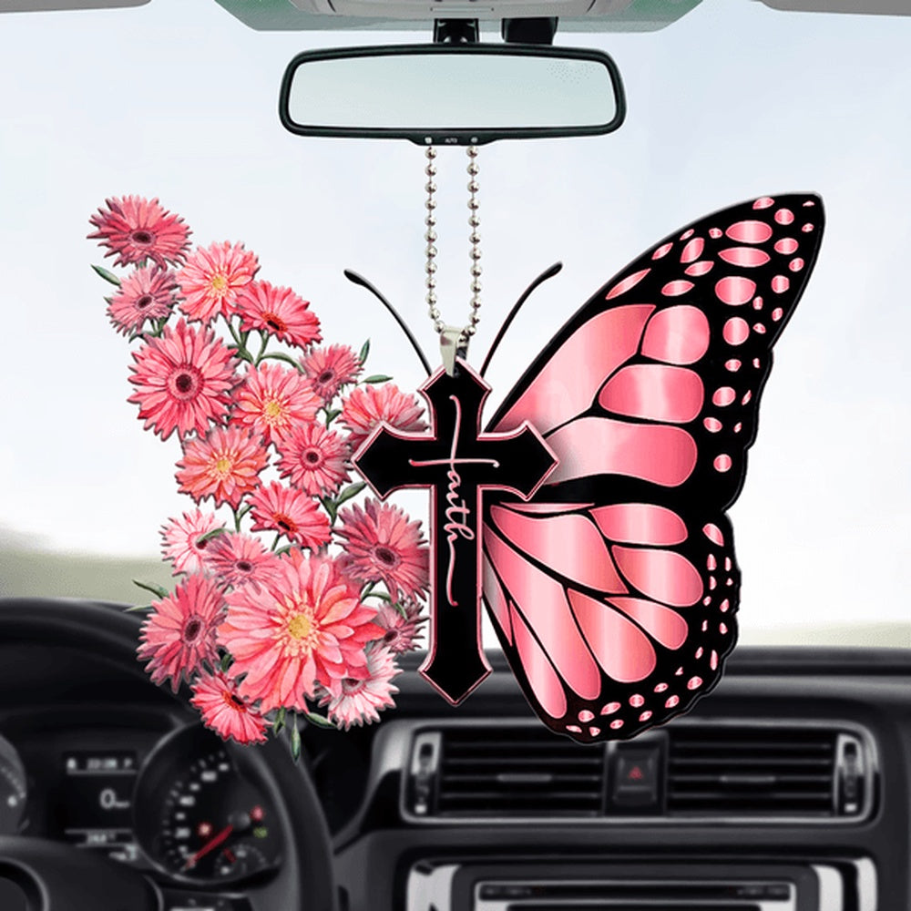 Gerbera Daisy Butterfly Faith Cross Ornament, Car Ornaments Christmas, Car Decorations