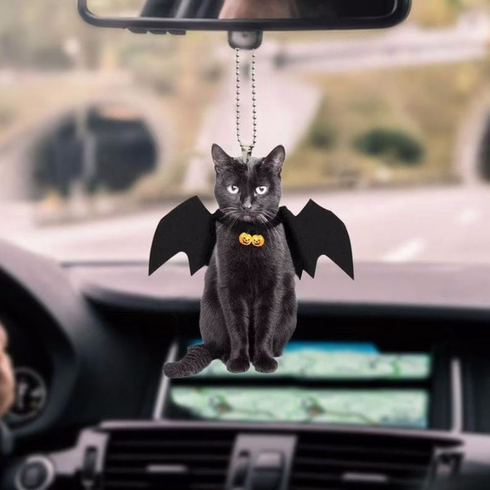 Grumpy Black Cat Bat Wings Cat Lovers Halloween Pumpkin Plastic Car Hanging Ornament, Cat Ornament Car Decor
