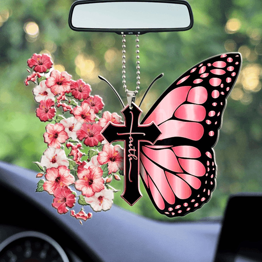 Hibiscus Flower Butterfly Faith Ornament, Car Ornaments Christmas, Car Decorations