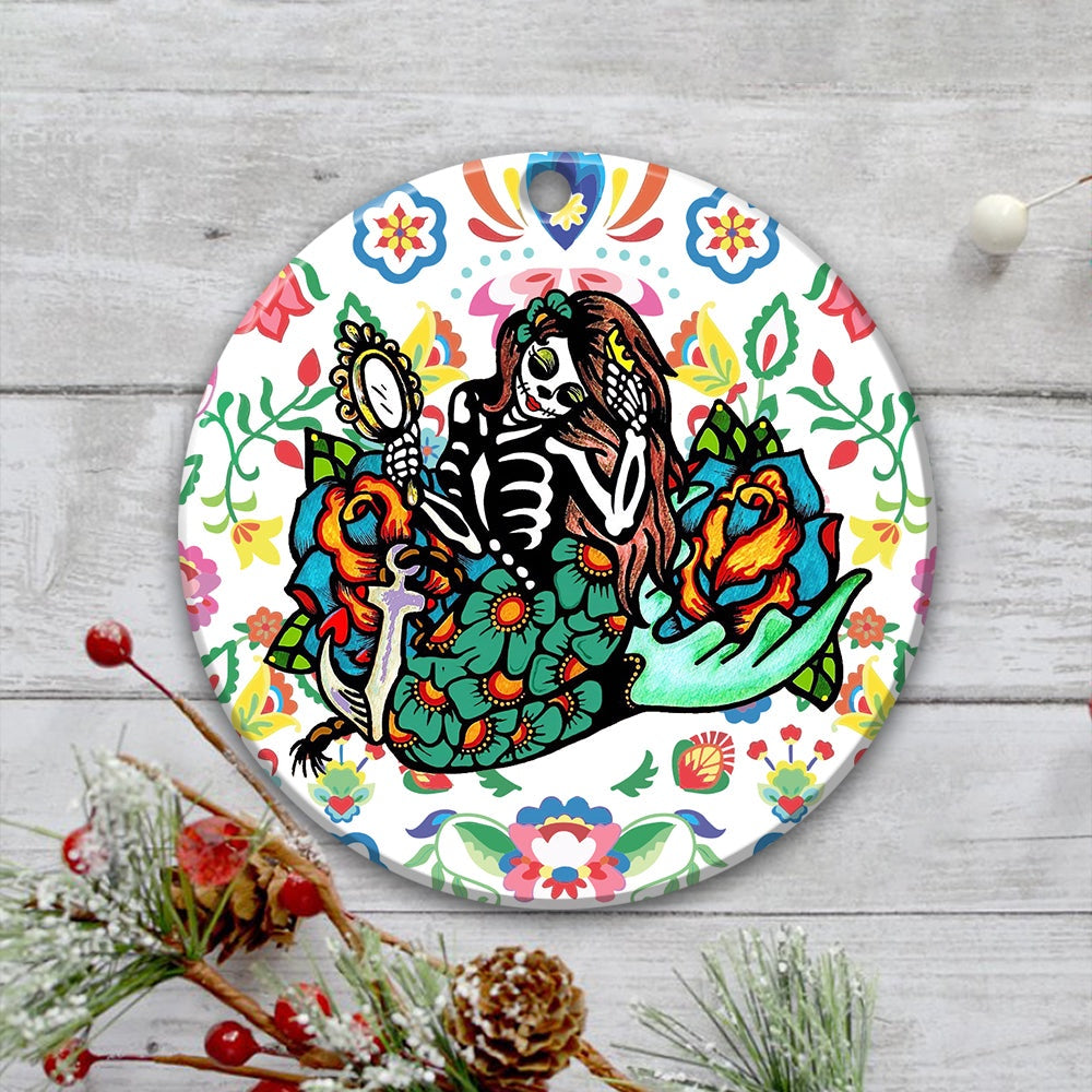 Mermaid Ornament Skull Ornament Day Of The Dead Sugar Skull Girl Tattoo Art Print Dia De Los Muertos Hanging Ornament, Car Decorations