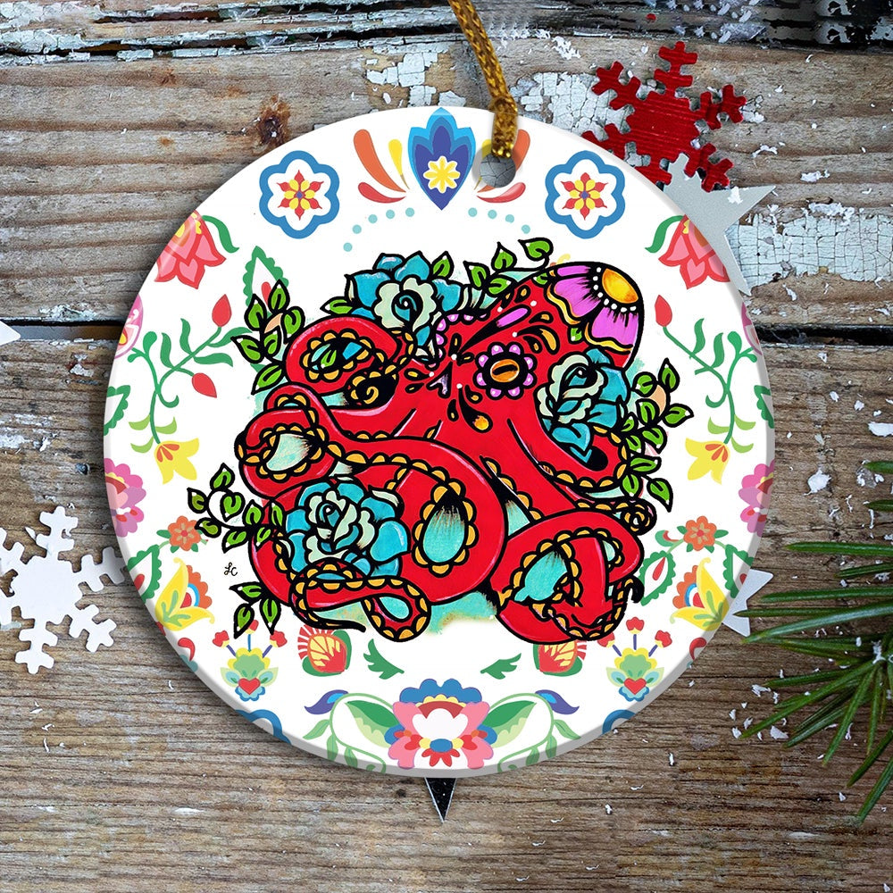 Octopus Ornament Day Of The Dead Dia De Los Muertos Art Print Animal Ornament, Car Ornaments Christmas, Car Decorations