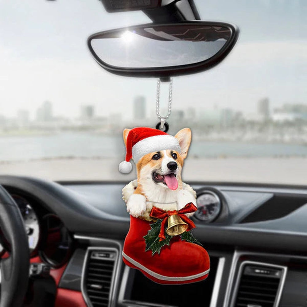 Pembroke Welsh Corgi In Santa Boot Christmas Car Hanging Ornament, Car Ornaments Christmas, Car Decorations