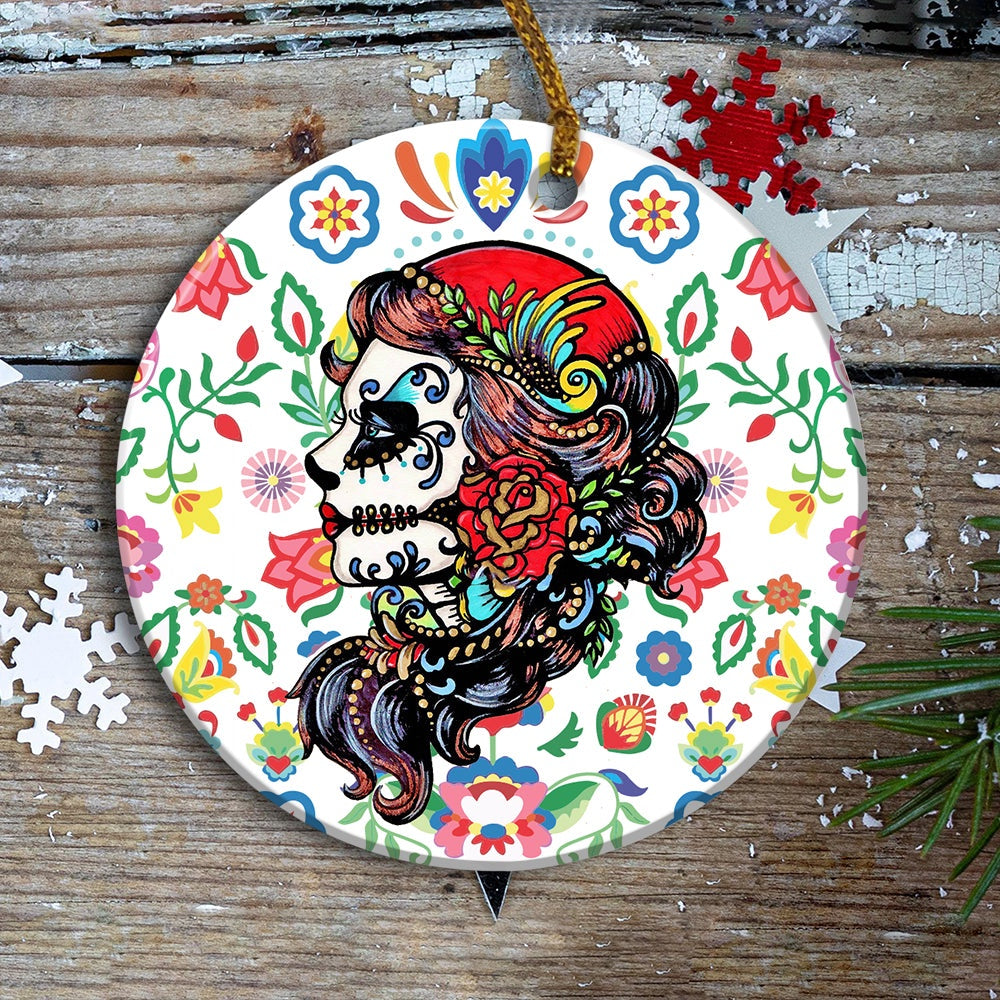 Rose Girl Ornament Skull Ornament Day Of The Dead Sugar Skull Girl Tattoo Art Print Dia De Los Muertos Hanging Ornament Tree Decor, Car Ornaments Christmas