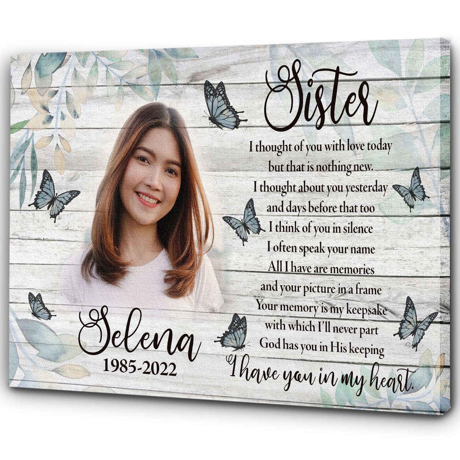 Sister Remembrance Personalized Memorial Canvas, I Thought Of You Sister Butterfly Sympathy Gift, Custom Canvas Print