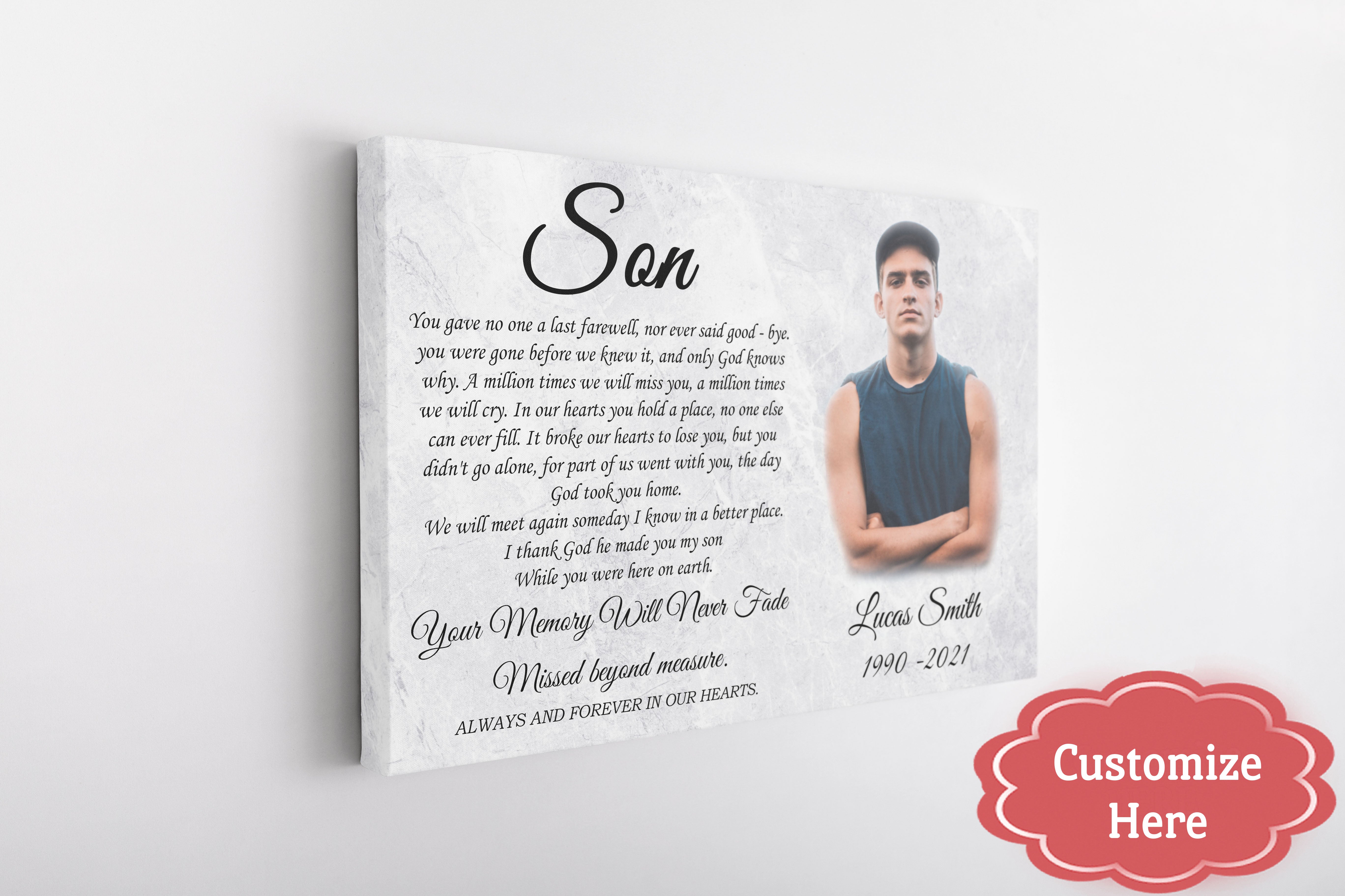 Son Memorial Canvas My Angel Son In Heaven Sympathy Gifts For Loss Of Son In Loving Memory Of Son, Custom Canvas Print