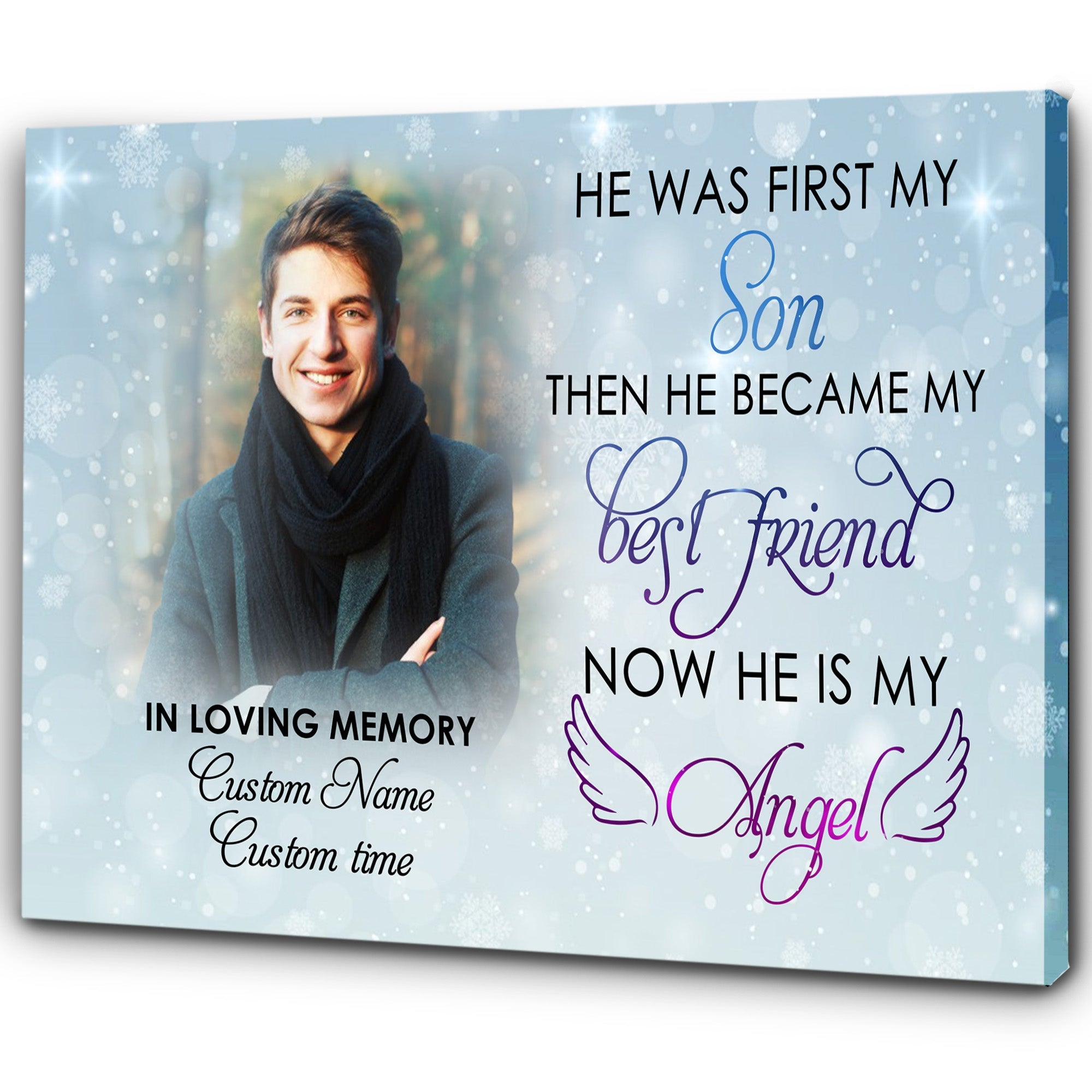 Son Remembrance Personalized Memorial Canvas Now He Is My Angel Memorial Gift For Loss Of Son, Loss Of A Child Remembrance Sympathy Gifts