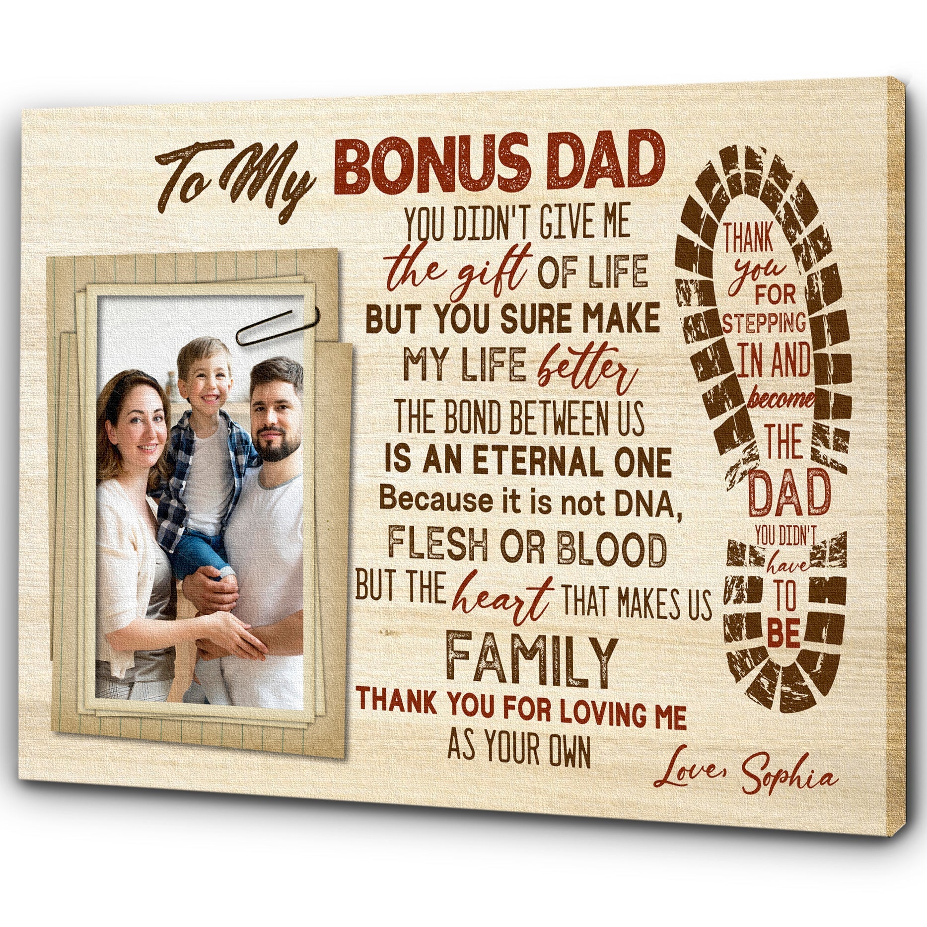 To My Bonus Dad Personalized Canvas Fathers Day Gift For Step Dad Step Father Gift From Step Child