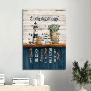 Every Day Is A Gift Lighthouse Vintage Sailboat Marine Life Drawing Blue Butterfly Canvas Wall Art