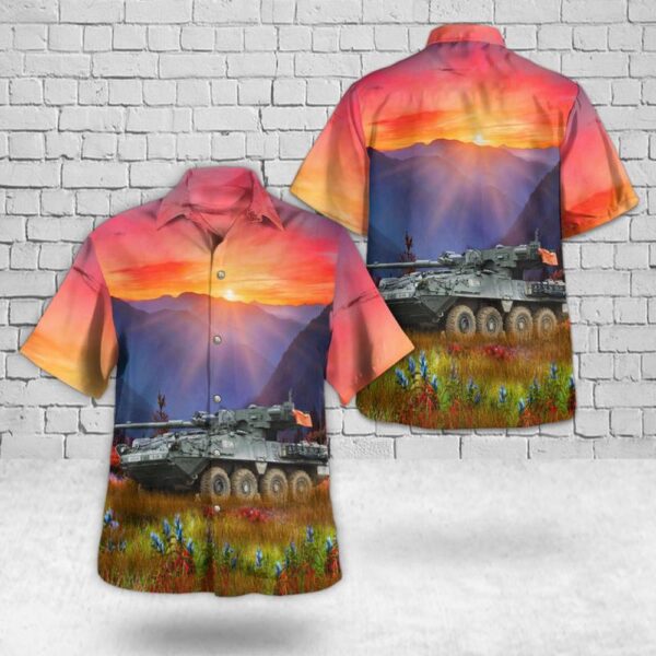 US Army M1128 Mobile Gun System (MGS) Hawaiian Shirt, US Army Hawaiian Shirt, Military Aloha Shirt