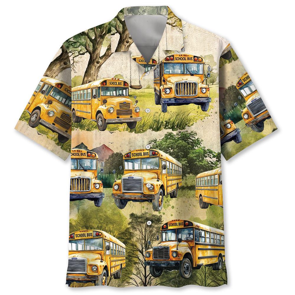 School Bus Vintage Water Color Hawaiian Shirt, Beach Hawaiian Shirt, Summer Aloha Shirt, Hawaiian Men Women