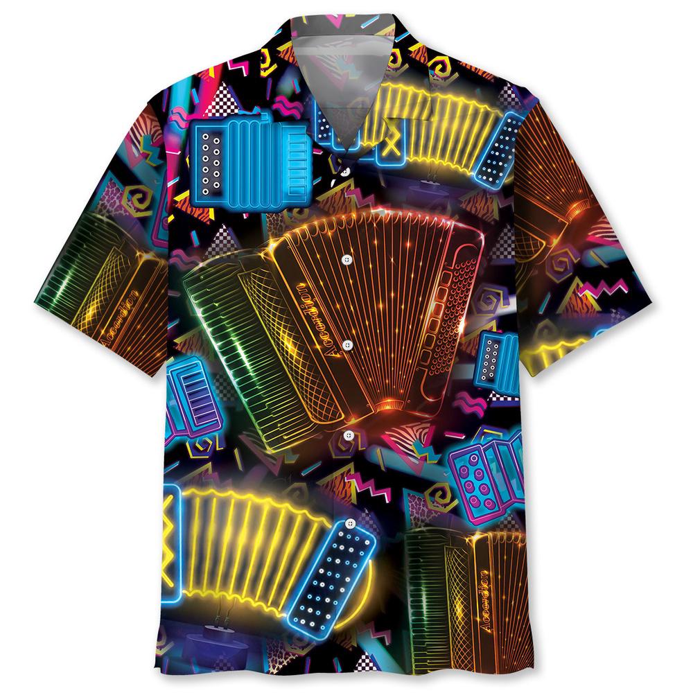 Vintage Neon Accordion Hawaiian Shirt, Beach Hawaiian Shirt,Family Hawaiian Shirt, Summer Aloha Shirt